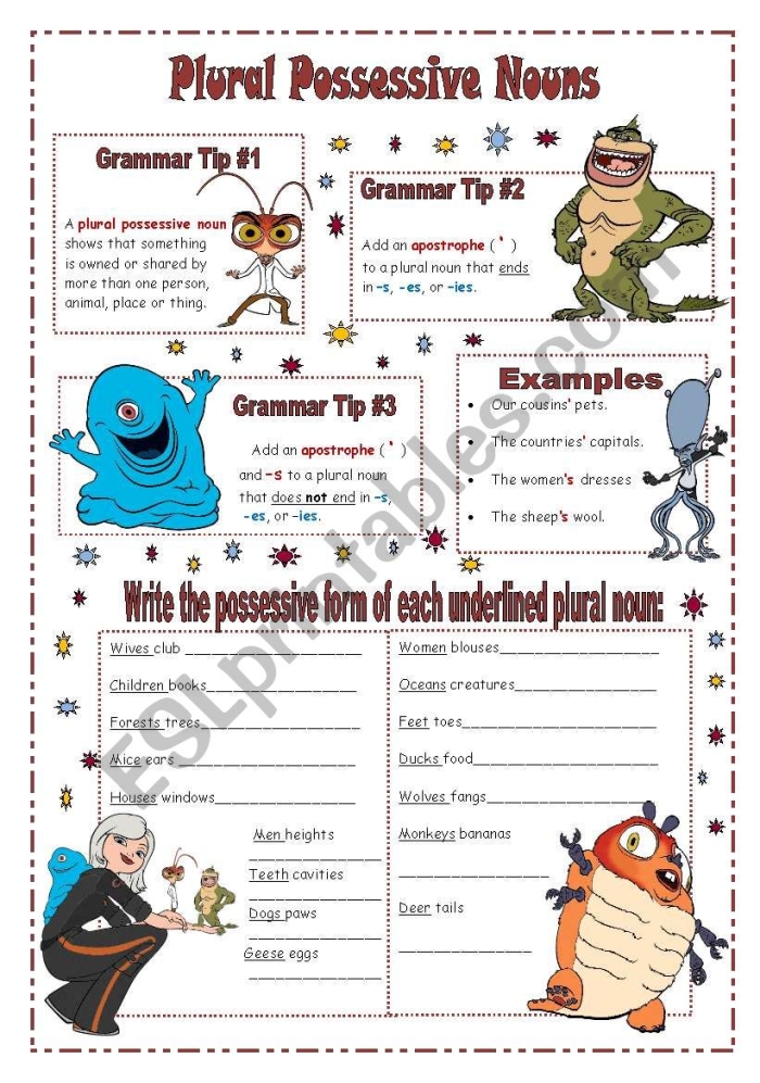 Plural Possessive Nouns Grammar Lesson for Elementary Students Third grade grammar worksheet showing examples of plural possessive nouns with practice exercises