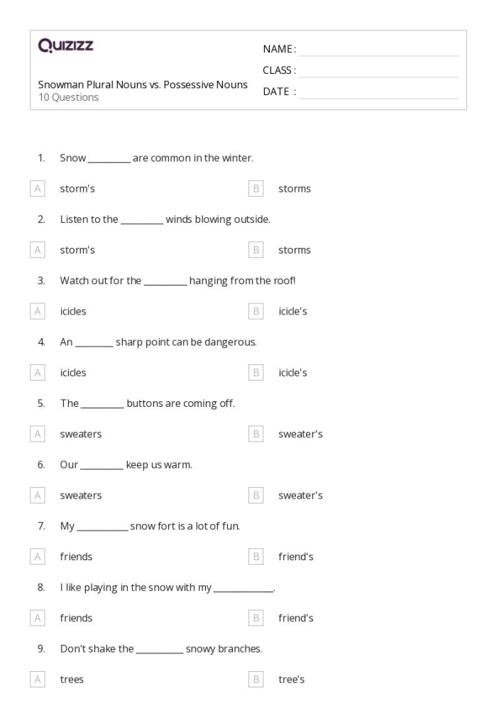 Plural Possessive Nouns Practice Worksheet for Third Grade 2 Third grade student completing a plural possessive nouns worksheet