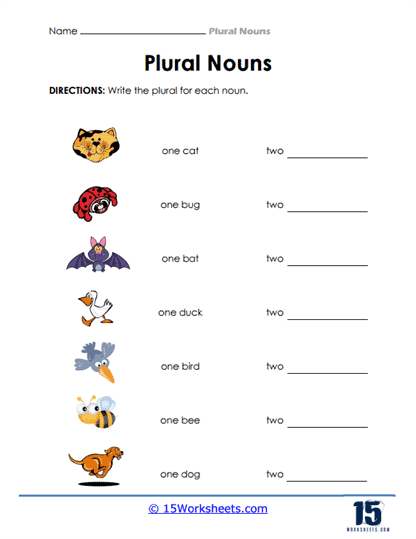 Second grade grammar worksheet showing exercises for converting singular nouns ending in y to plural forms using s or ies