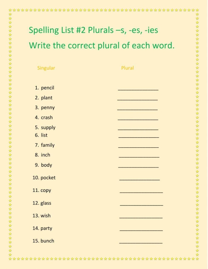 Second grade worksheet showing singular and plural noun exercises where students add s or es endings to words