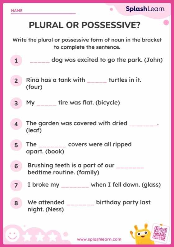 Sixth grade grammar worksheet focused on mastering spelling rules for plurals and possessives