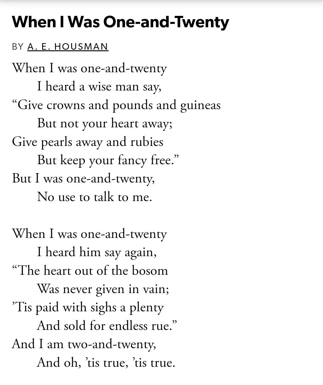 Sixth grade worksheet featuring a poetry analysis activity for A.E. Housman's poem When I Was One-and-Twenty