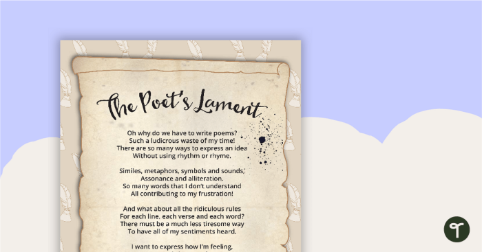 Sixth-grade worksheet page showing comprehension questions about A.E. Housman's poem When I Was One-and-Twenty with analysis activities