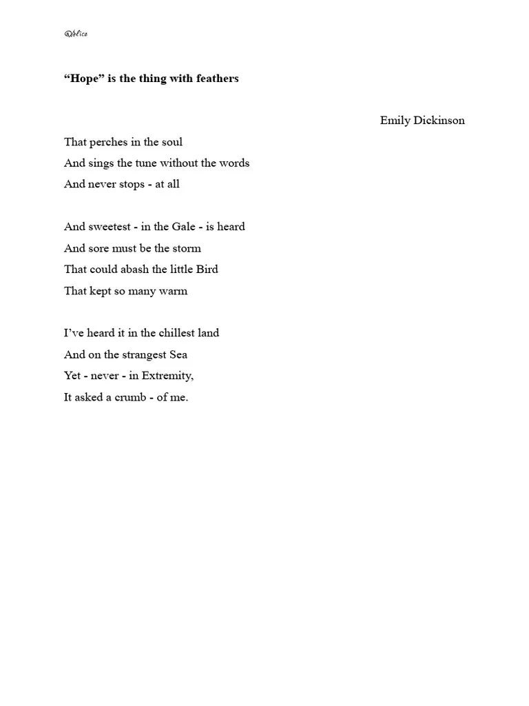 Fifth grade Spanish worksheet featuring a poetry analysis activity for Hope is the thing with feathers by Emily Dickinson