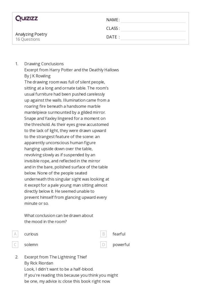 Eighth grade reading comprehension worksheet focused on analyzing the poem Impressions by Alice Moore Dunbar-Nelson