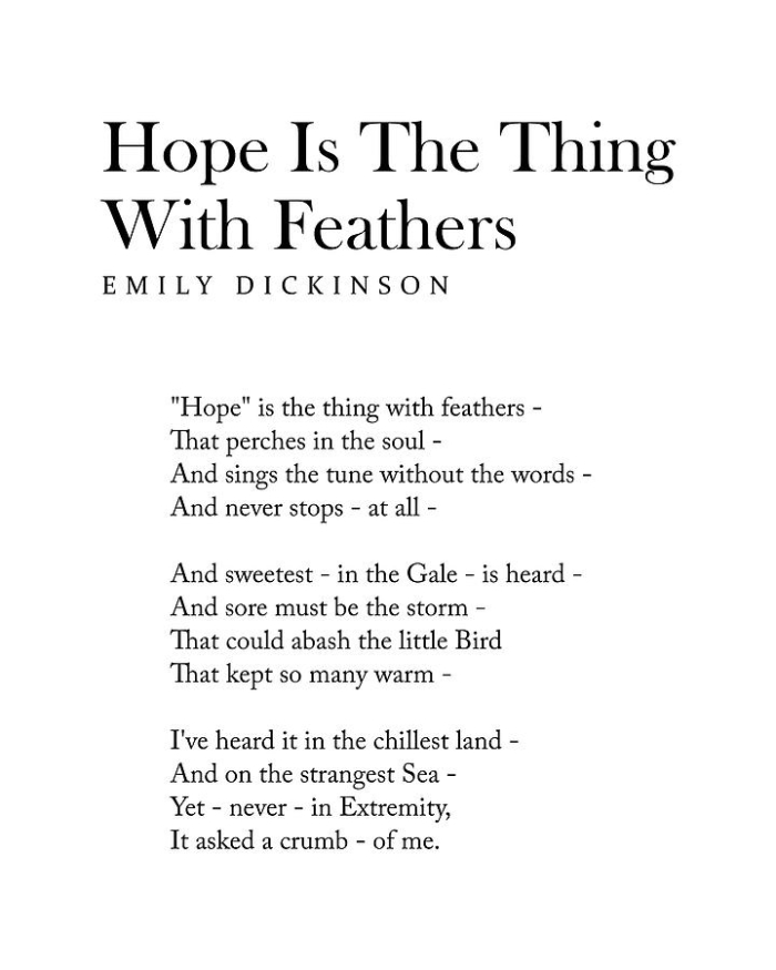 Fifth grade Spanish worksheet featuring a poetry analysis exercise on the poem Hope is the thing with feathers by Emily Dickinson