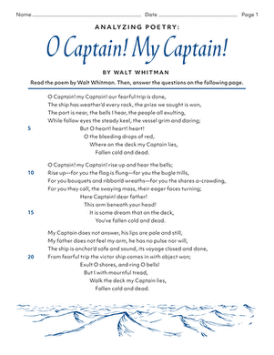 Seventh grade reading comprehension worksheet focused on analyzing figurative language in Walt Whitman poem O Captain My Captain