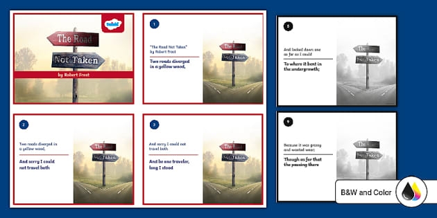 Sixth grade reading comprehension worksheet featuring Robert Frost The Road Not Taken poem