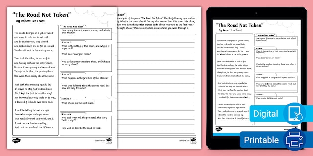 Sixth grade worksheet for Reading Poetry The Road Not Taken featuring Robert Frost poem analysis