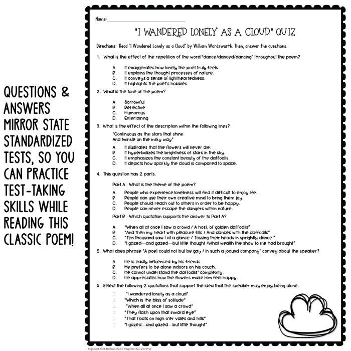 Reading analysis worksheet on "I Wandered Lonely as a Cloud" and "Still will I harvest beauty where it grows Worksheet for comparing and contrasting the themes of beauty in two poems for seventh graders