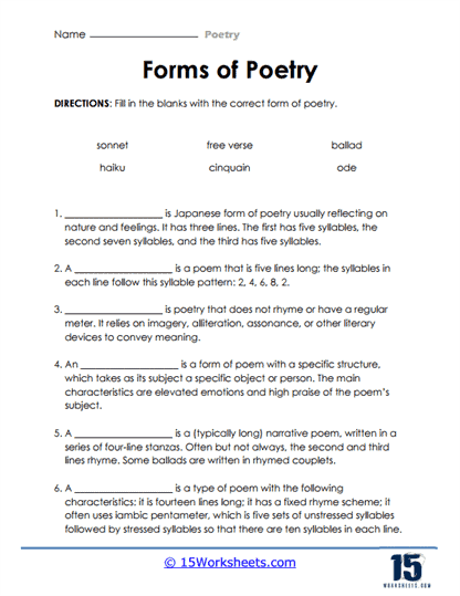 Worksheet on different types of poetry for third grade students Types of poetry worksheet for third graders exploring various poetry structures