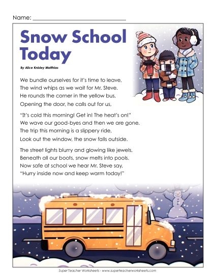 Worksheet for practicing reading fluency and identifying letter S in poetry about snow