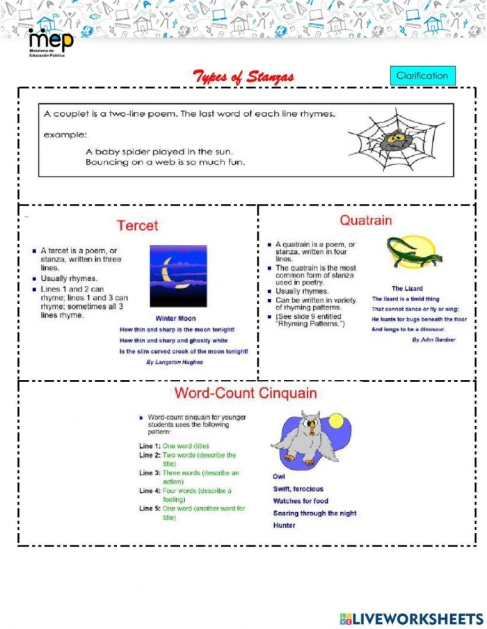 Explore various poetry forms with this educational worksheet for young learners Types of poetry structures illustrated in a third-grade worksheet