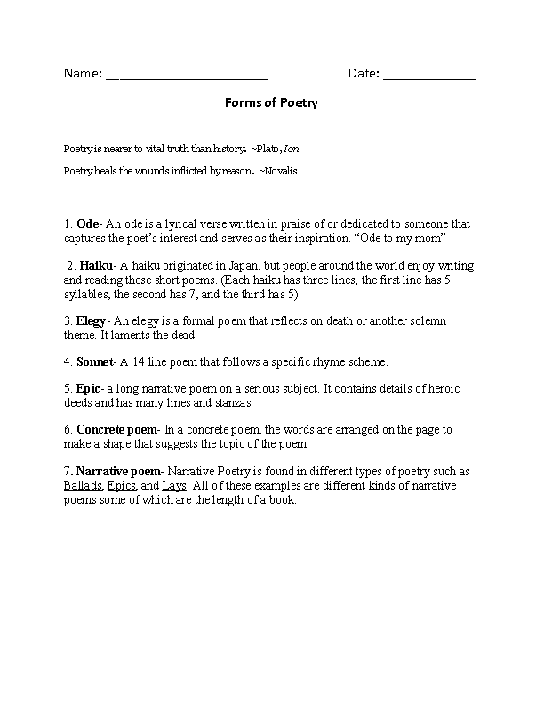 Worksheet image illustrating different types of poetry for educational purposes Types of Poetry worksheet for third graders exploring various poetry structures