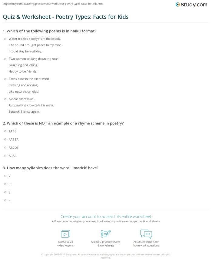 Illustration of poetry types featured in an educational worksheet for third grade students Types of Poetry worksheet for third graders showcasing various poetry structures