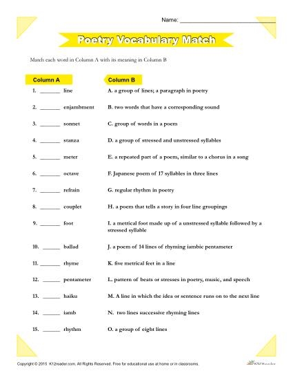 Third grade poetry vocabulary worksheet for measuring understanding Diagram worksheet introducing basic poetry vocabulary for third graders