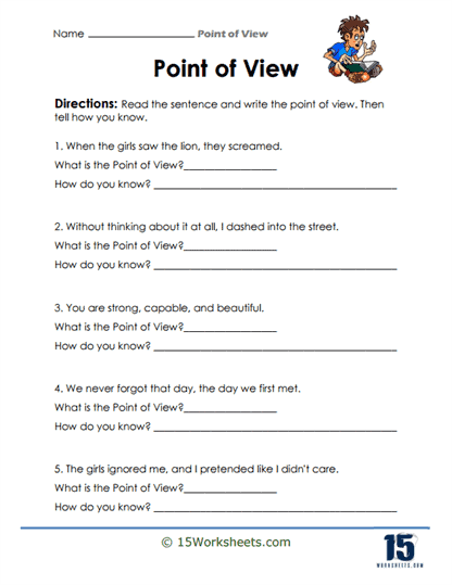 Fourth grade students practicing identifying character perspectives on a point of view worksheet