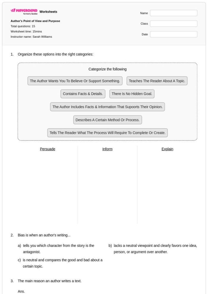 Reading worksheet for Third Grade Worksheet titled "Point of View: Being the New Kid" for third graders to explore character perspectives. Educational resource for practicing point of view identification in reading.