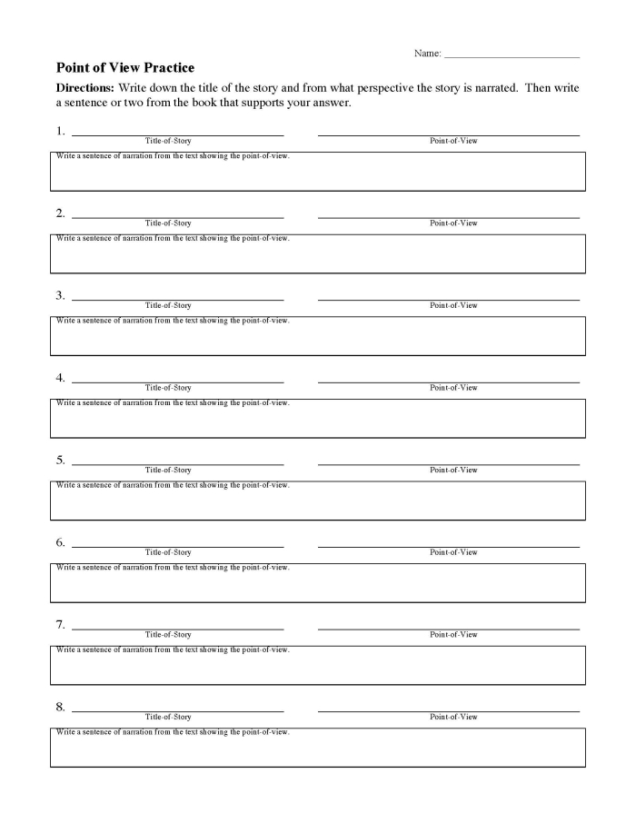 Point of View Practice worksheet for second graders focusing on narrative perspective