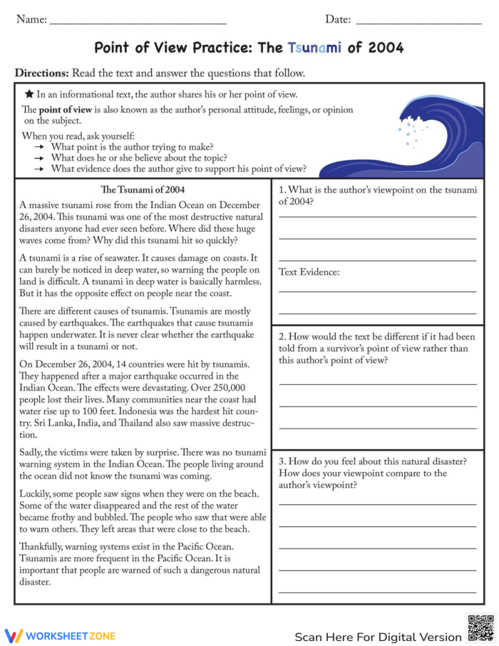 Third grade worksheet page for identifying author point of view in a Spanish text about the 2004 Tsunami
