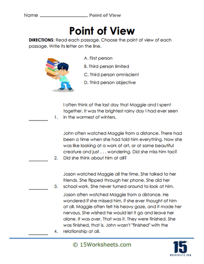 Point of view worksheet for fourth graders focusing on literacy skills