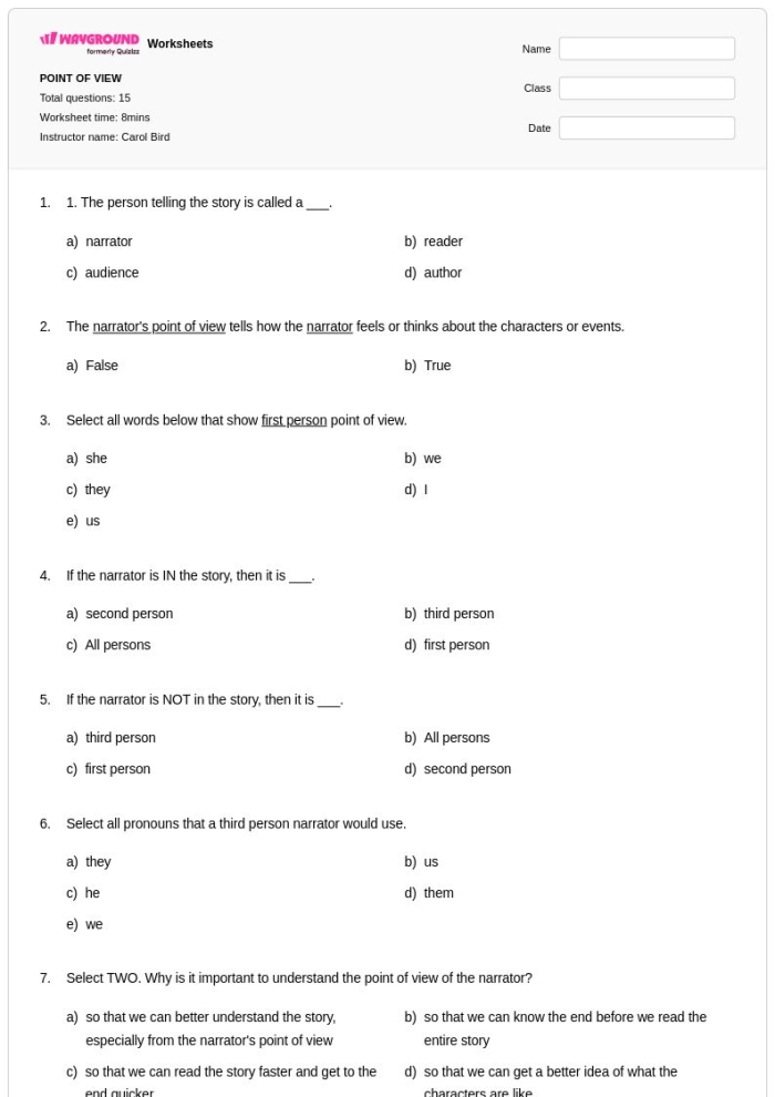Reading worksheet for Third Grade Worksheet focused on the point of view of a character for third graders. Point of View: Being the New Kid worksheet for reading practice.