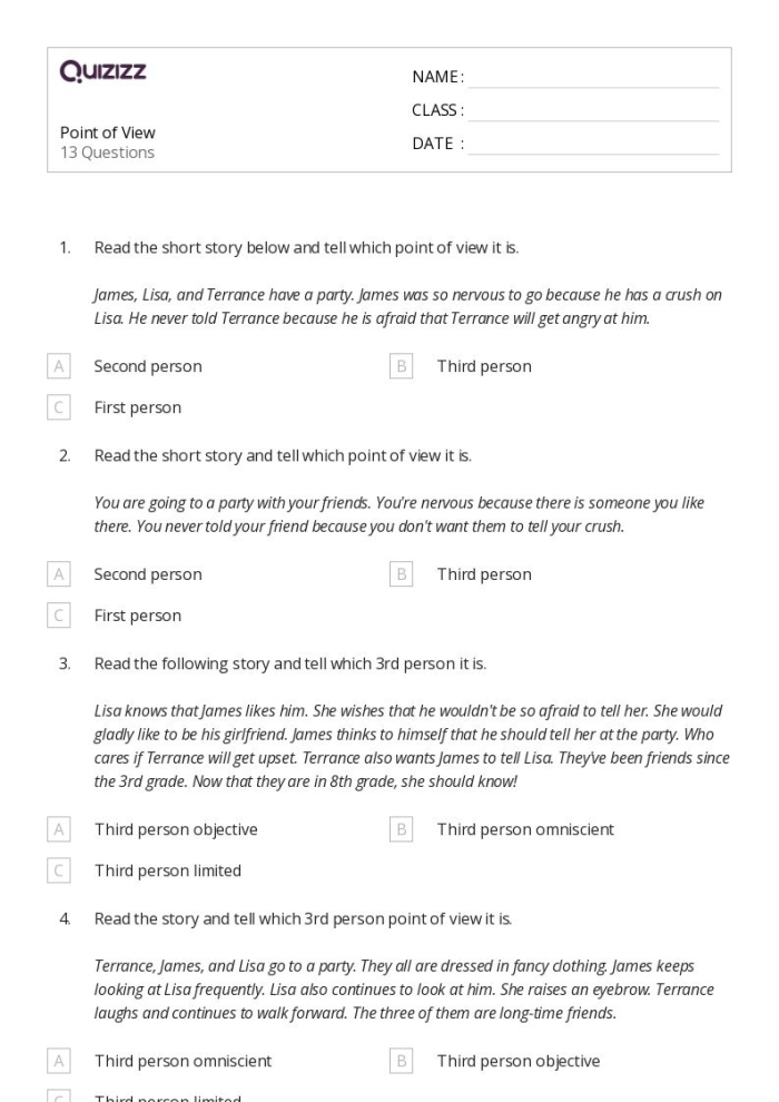 Point of View: Being the New Kid Educational Resource for Third Graders Worksheet for exploring the character's perspective as the new kid in class