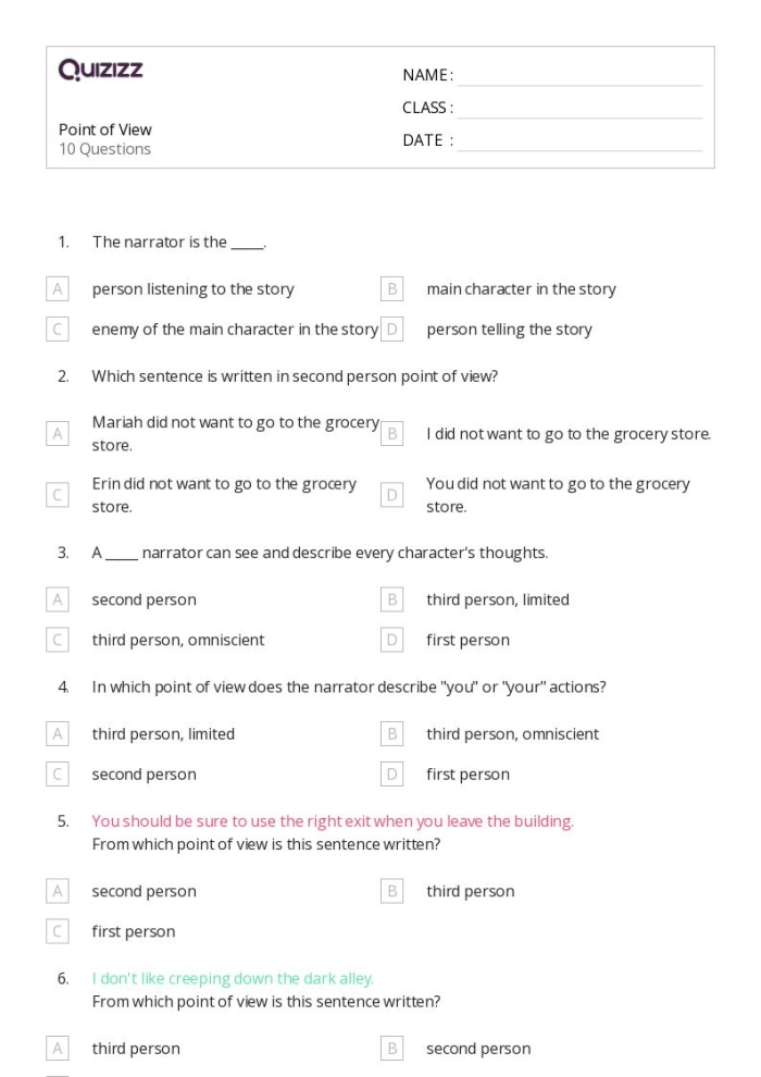 Point of View: Being the New Kid worksheet for reading practice in third grade Worksheet for third graders on understanding the point of view of a character in a story about being the new kid