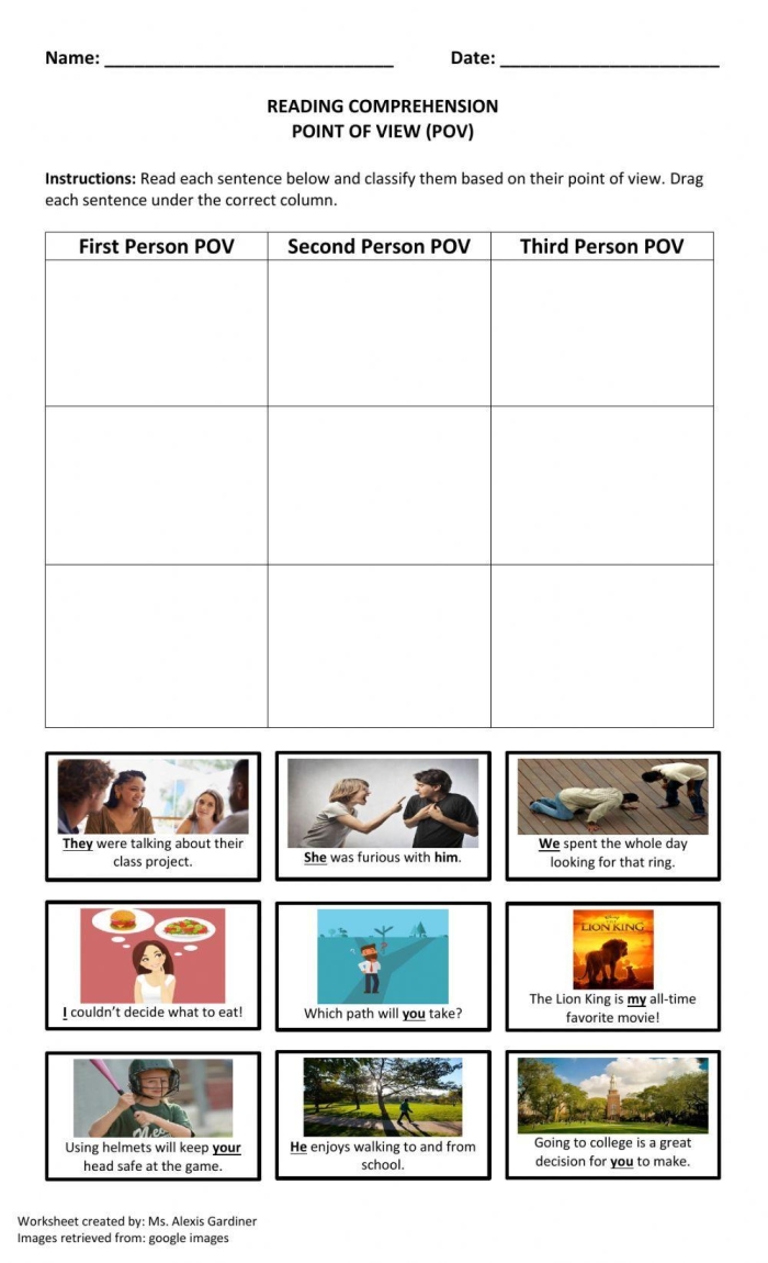 Second grade student completing a Point of View Practice worksheet with reading comprehension exercises