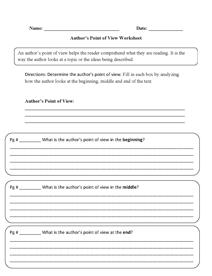 Worksheet for practicing point of view in reading comprehension for second graders