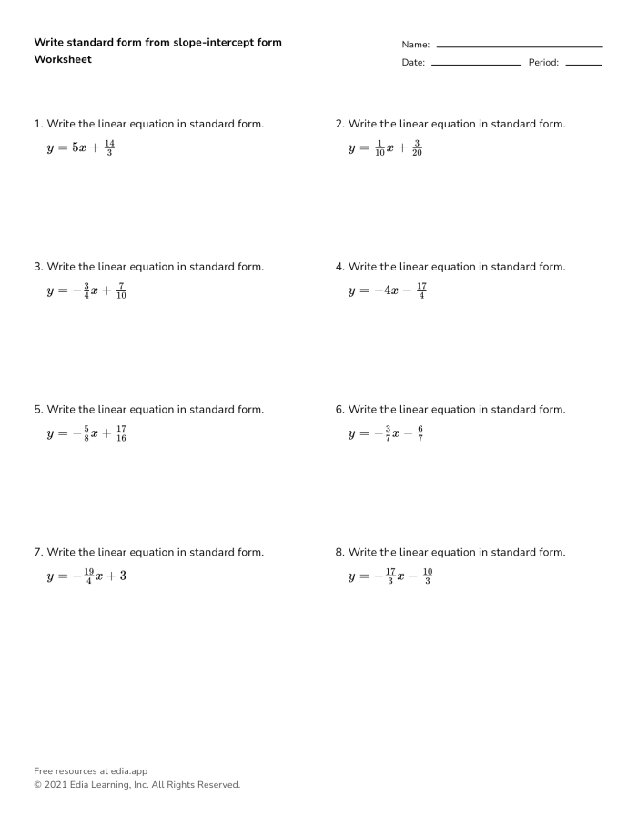 Eighth grade algebra worksheet for writing linear equations given a slope and a coordinate point