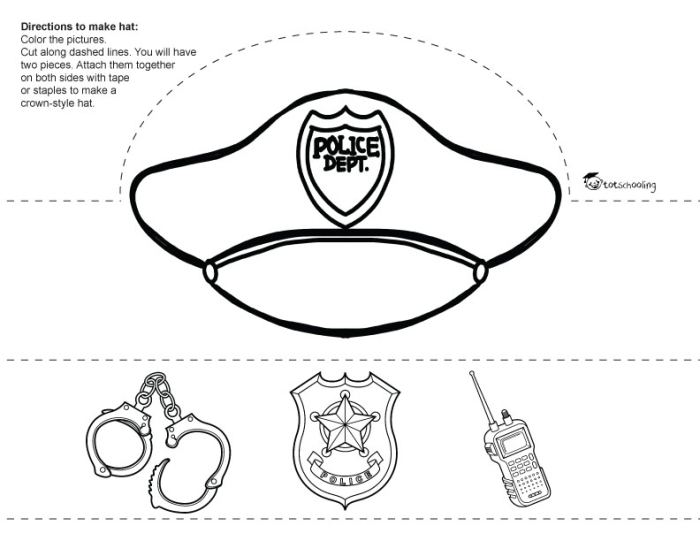 Police Officer Hat and Badge Geometry Coloring Page 10 Pre-K student worksheet featuring a line drawing of a police officer hat and badge for geometry coloring