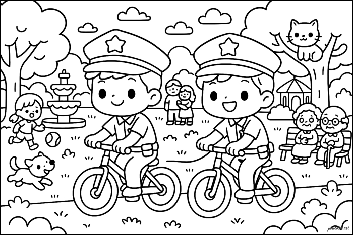 Kindergarten coloring worksheet featuring a male and female police officer for physical science lesson 20