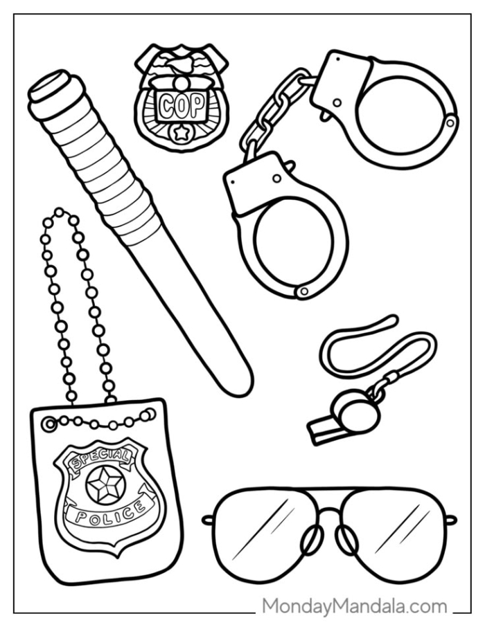 Kindergarten worksheet featuring two police officer coloring pages for students