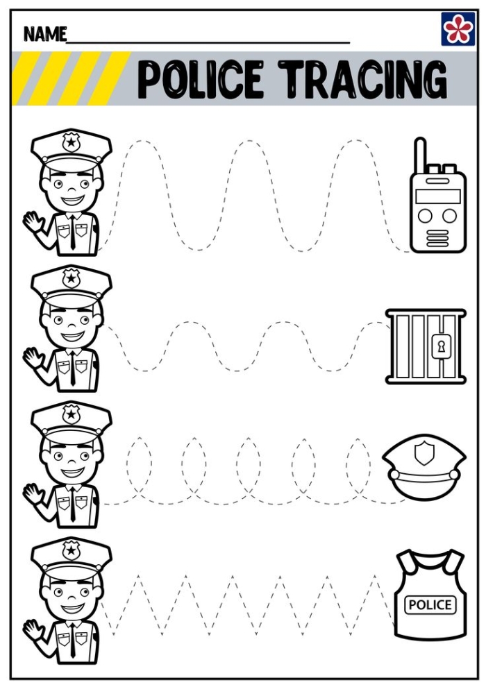 Geometry worksheet 5 police hat and badge coloring page Pre-K worksheet featuring a police officer hat and badge outline for children to color