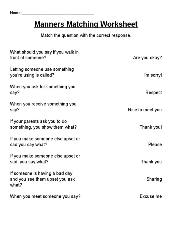 Manners Worksheet for Pre-K Students Image 9 Pre-K manners worksheet with simple illustrations for teaching polite behavior