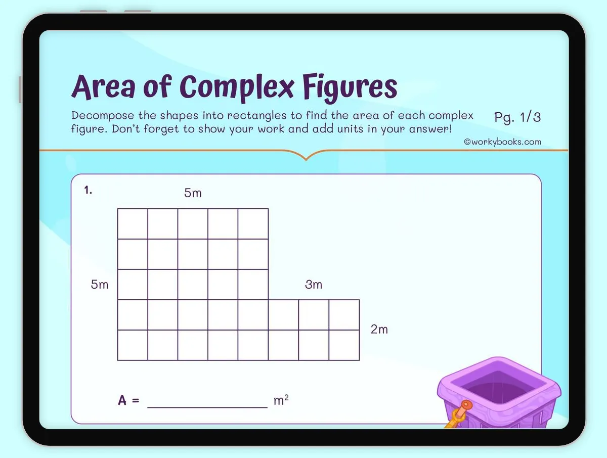Worksheet illustrating how to decompose polygons to calculate area for sixth graders