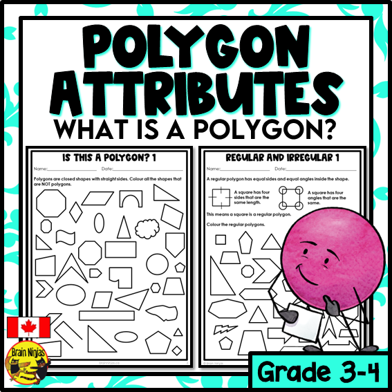 The Attributes of Polygons vocabulary reference guide for elementary readers Glossary page showing polygon attributes and definitions for third grade students learning about shapes and their properties