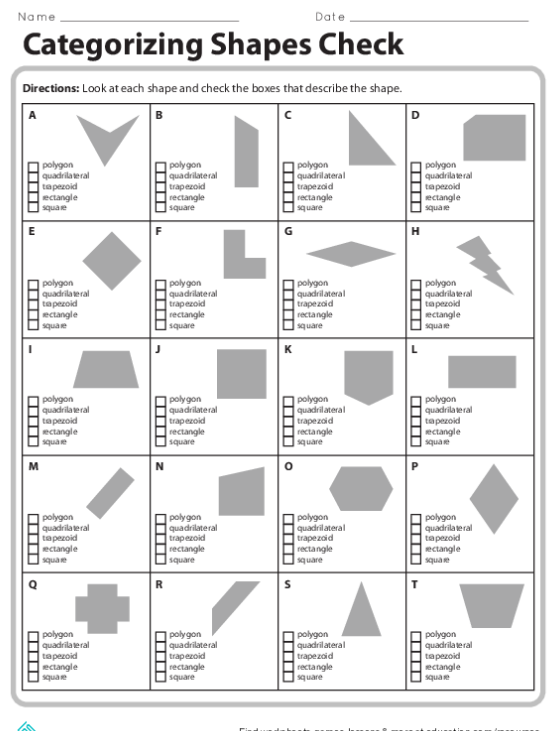 Glossary of Polygon Attributes and Shape Definitions Worksheet A printed glossary worksheet illustrating various geometric shapes and their defining characteristics for third grade students