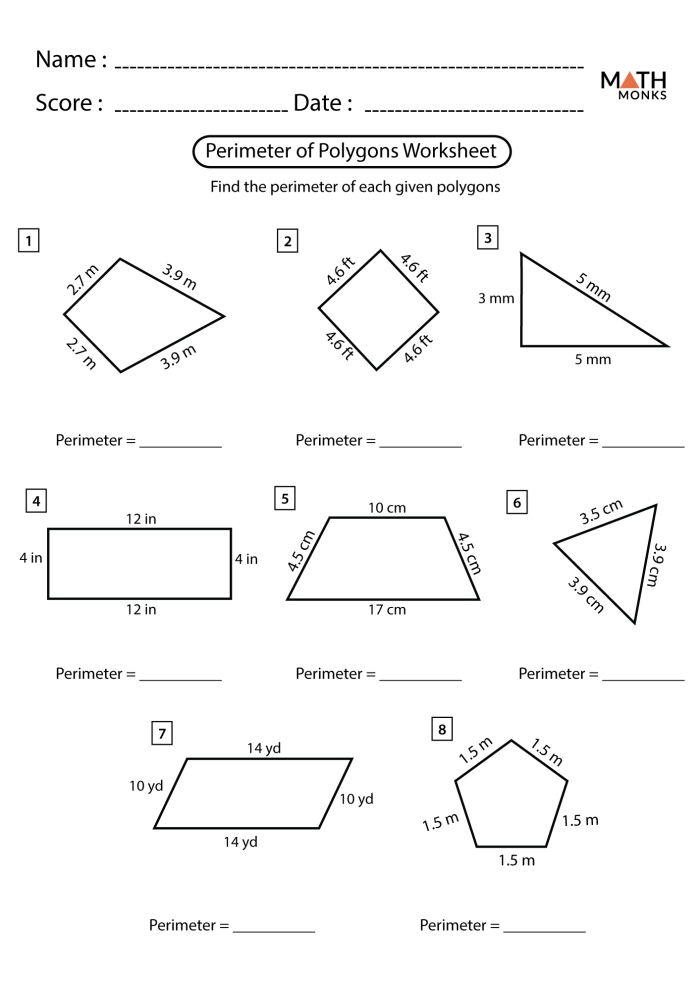 Fourth grade geometry worksheet featuring four step-by-step instructions for solving polygon perimeter word problems