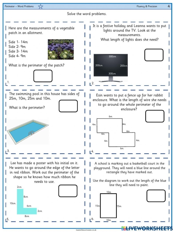 Fourth grade math worksheet featuring four-step word problems to calculate the perimeter of various polygons