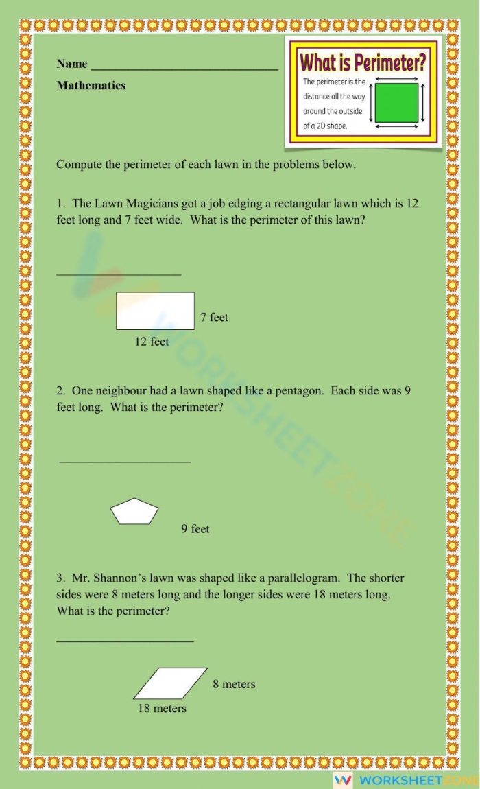 Fourth grade student worksheet featuring four steps to solve polygon perimeter word problems