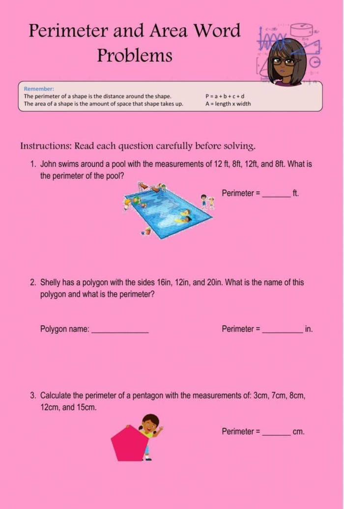 Fourth grade students practicing step by step polygon perimeter word problems on a worksheet