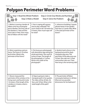 Fourth grade students solving polygon perimeter word problems using a four-step method to find the distance around shapes