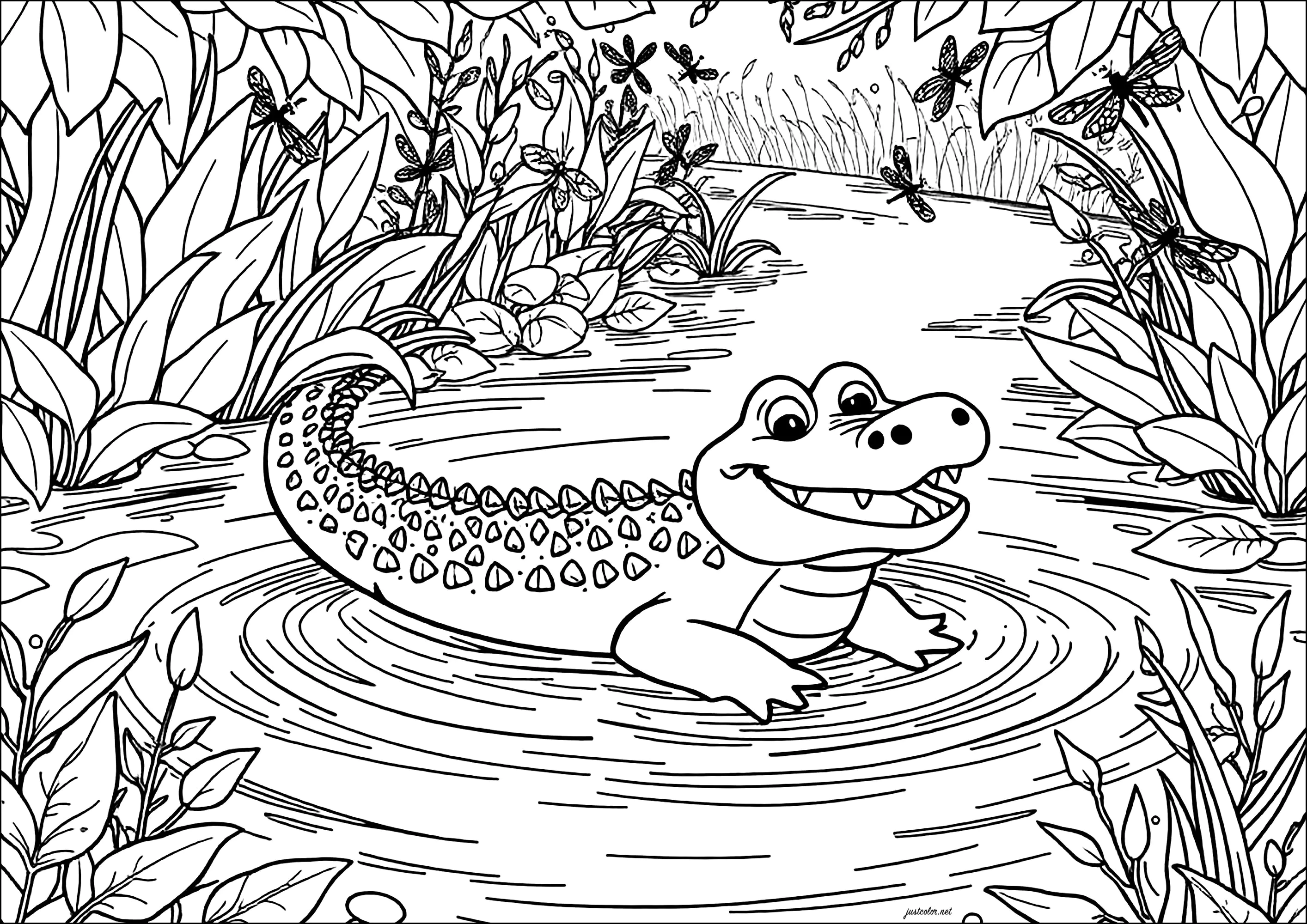 Coloring page of a mandala featuring pond life animals such as turtles, frogs, and butterflies for second graders