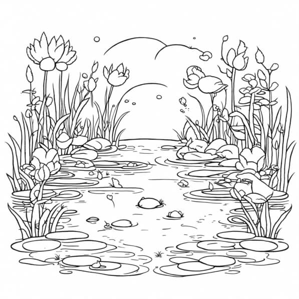 Second grade worksheet featuring a mandala style illustration of pond animals like frogs turtles and butterflies