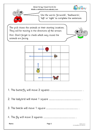 First grade math worksheet focusing on identifying left and right position and direction skills