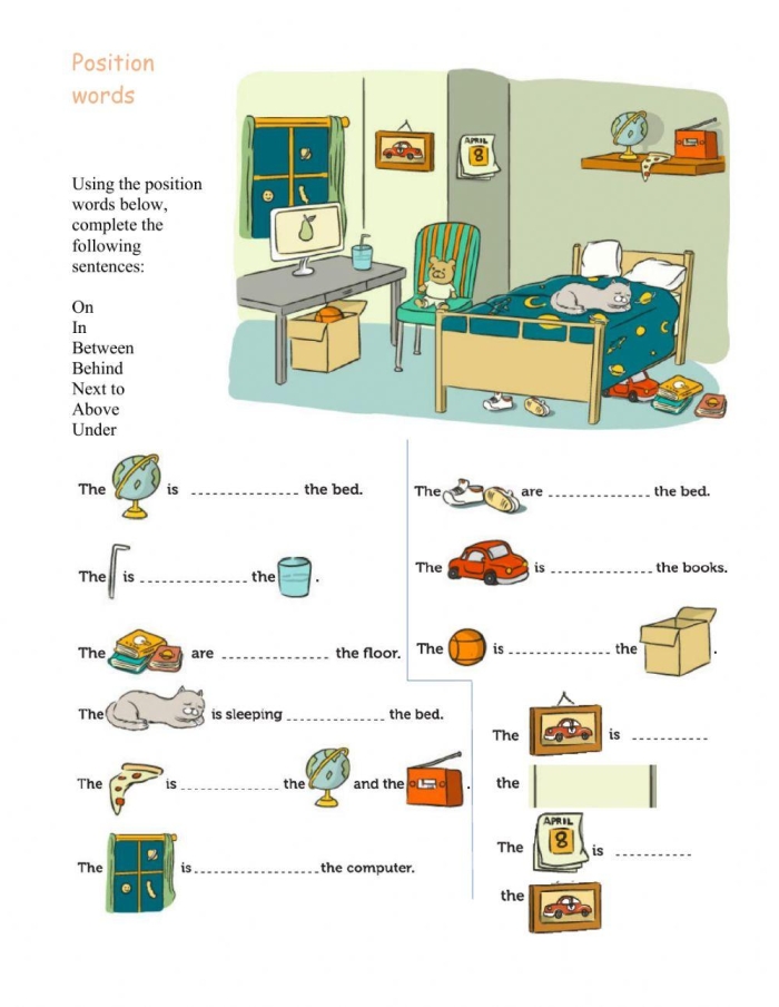 A colorful worksheet featuring a messy room for kids to practice position words