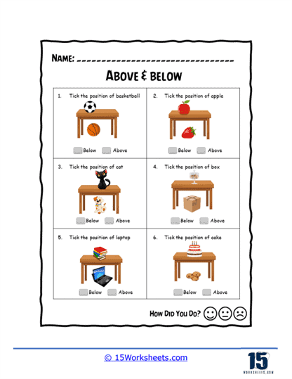 A colorful worksheet featuring a messy room for kids to learn position words