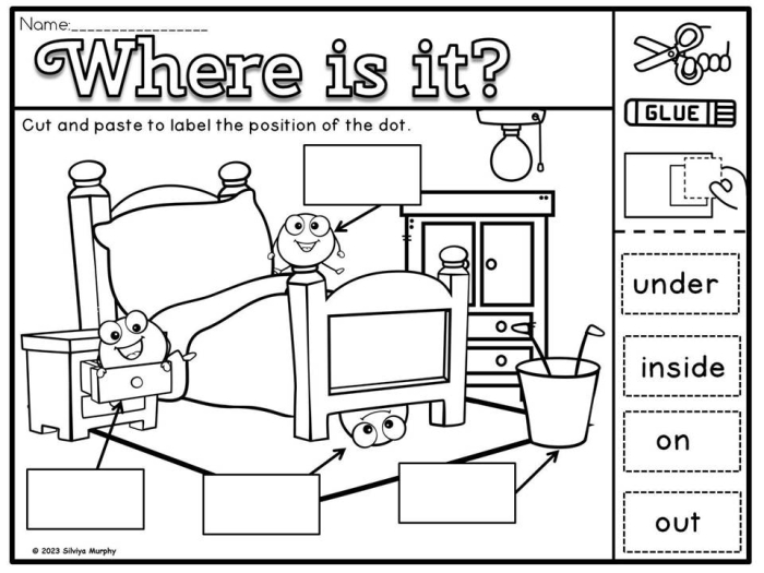 Positional Words Practice Exercise 13 for Pre-K Students Preschooler learning positional words like above, below, and next to with colorful objects on a worksheet activity